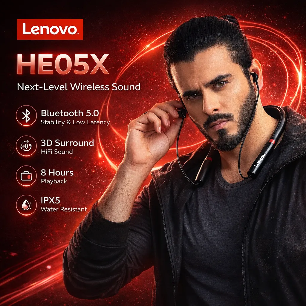 Lenovo HE05X Bluetooth Neckband Earphone Black
