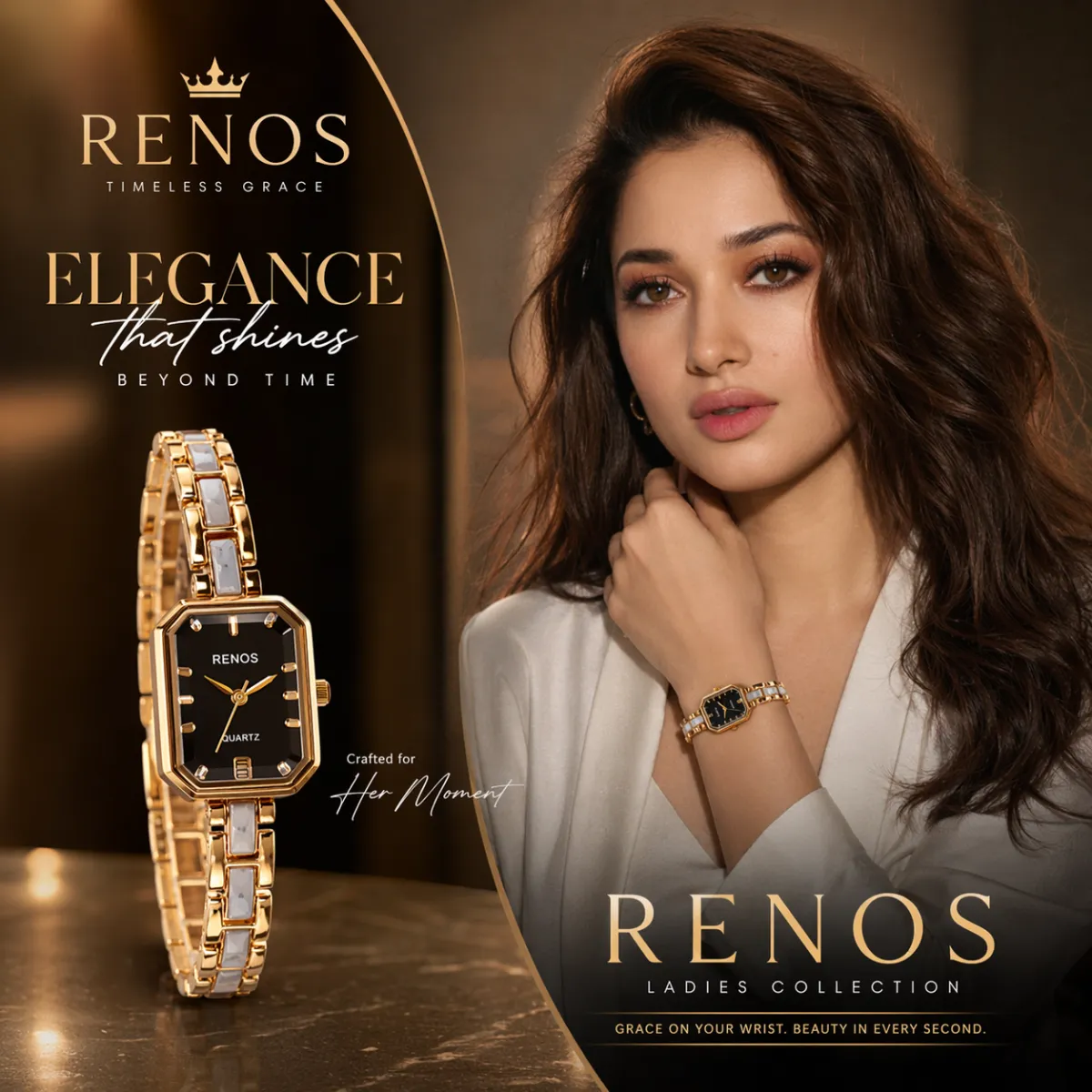 RENOS Women’s Gold Bracelet Quartz Watch with Black Dial